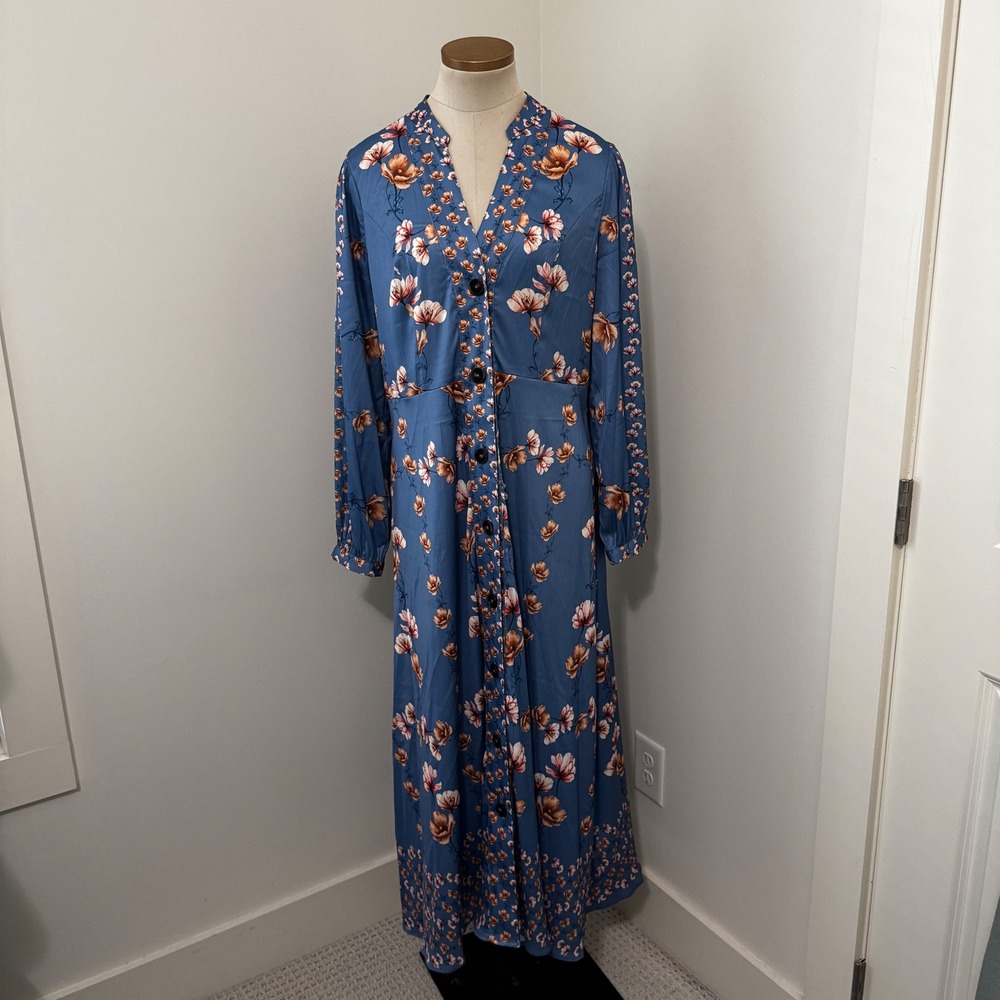 Adelyn Rae Large Blue Floral Button Front Maxi Dress Cottagecore Peasant